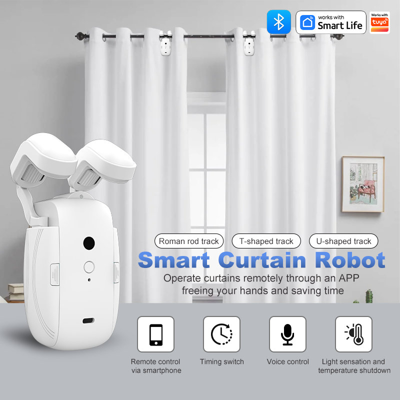 Curtain Rods - アプリでタイマー設定や音声操作が可能な、高性能モーター搭載のスマート自動カーテンオープナー。ローマンポール式のカーテンレールに対応。光センサー内蔵。